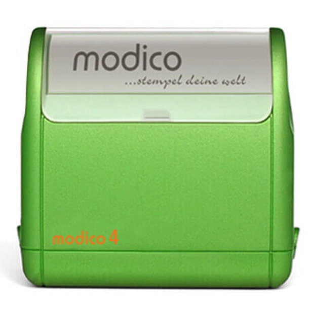 Modico 4 Stempel in grün mit dem Schriftzug 'stempel deine welt' auf der Abdeckung
