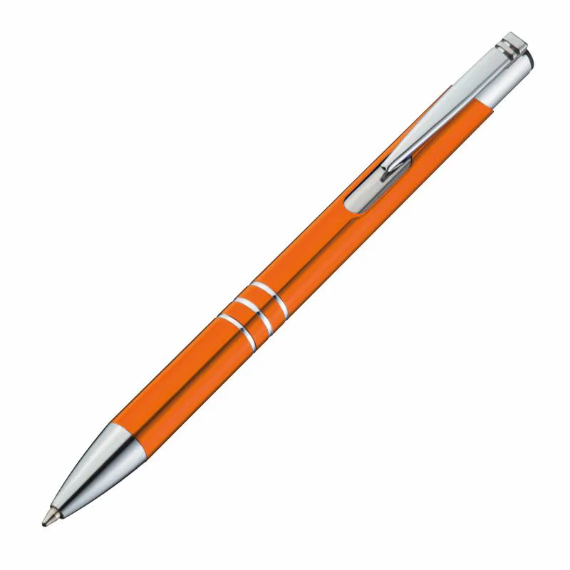 Ein eleganter Kugelschreiber in orange mit silbernen Akzenten, ideal für den täglichen Gebrauch.