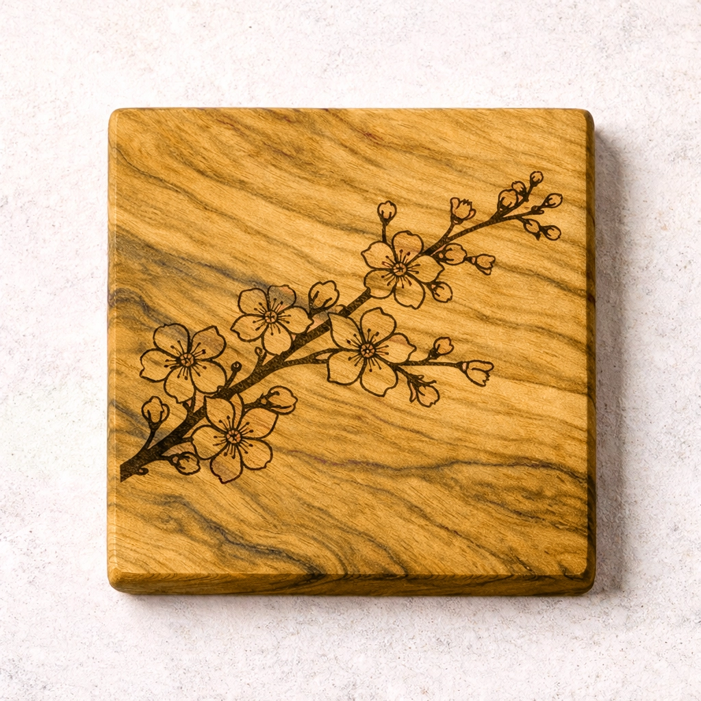 Quadratischer Holzuntersetzer mit Kirschblüten-Motiv