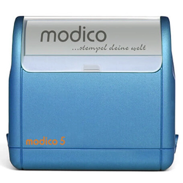 Blauer Modico 5 Stempel mit der Aufschrift 'stempel deine welt'