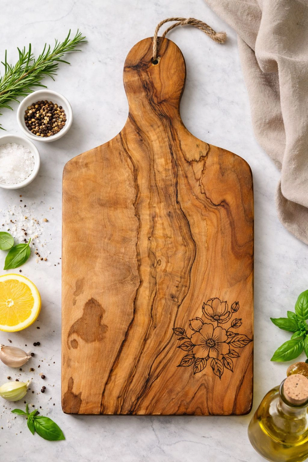 Rechteckiges Olivenholz-Schneidebrett mit Blumen-Gravur