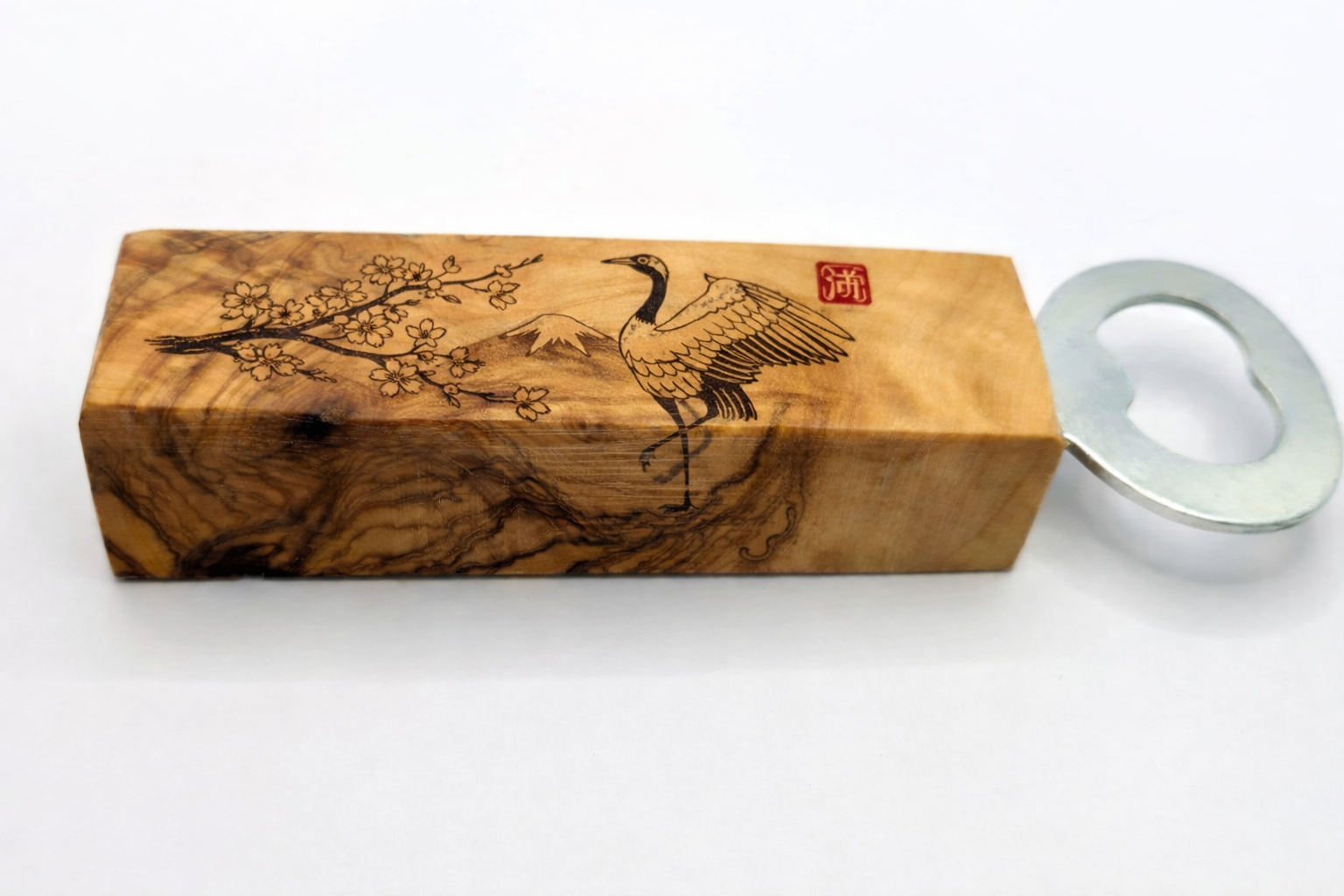Edler Holz-Flaschenöffner mit Kranich und Kirschblüten