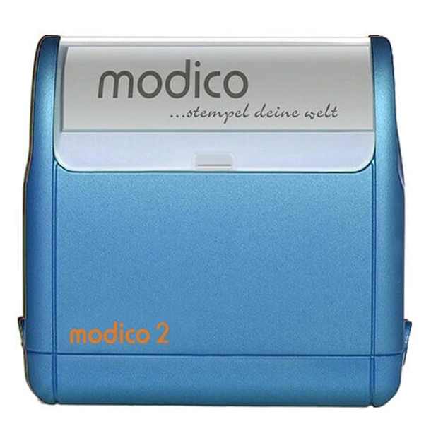 Modico 2 blauer Stempel mit Slogan 'stempel deine welt' auf der Oberfläche