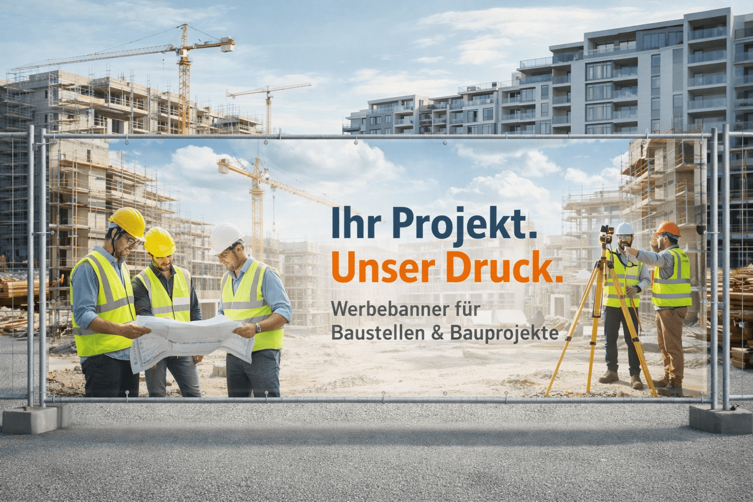 Bauarbeiter betrachten Werbebanner Druck für Baustellen