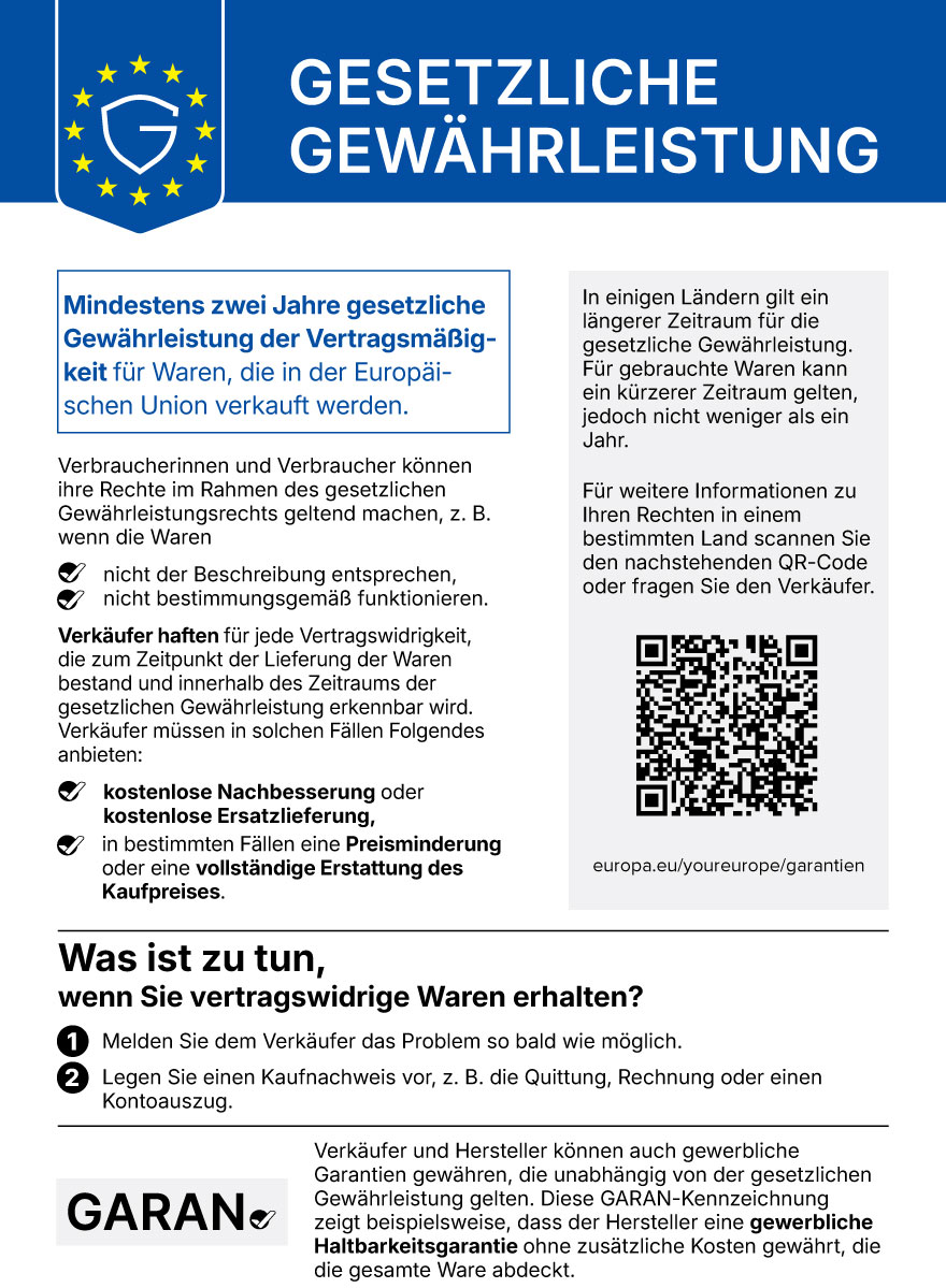 EU-Gewährleistungslabel – Hinweis zur gesetzlichen Gewährleistung