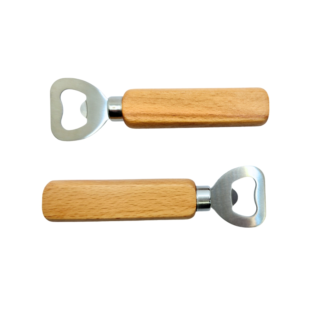 Zwei Flaschenöffner mit Holzgriff und Edelstahlkopf nebeneinander liegend