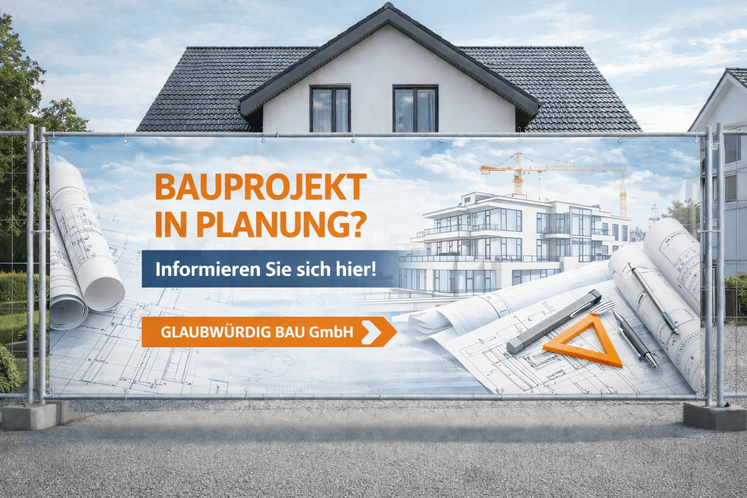 Bauzaunbanner Bauprojekt in Planung mit Bauplänen