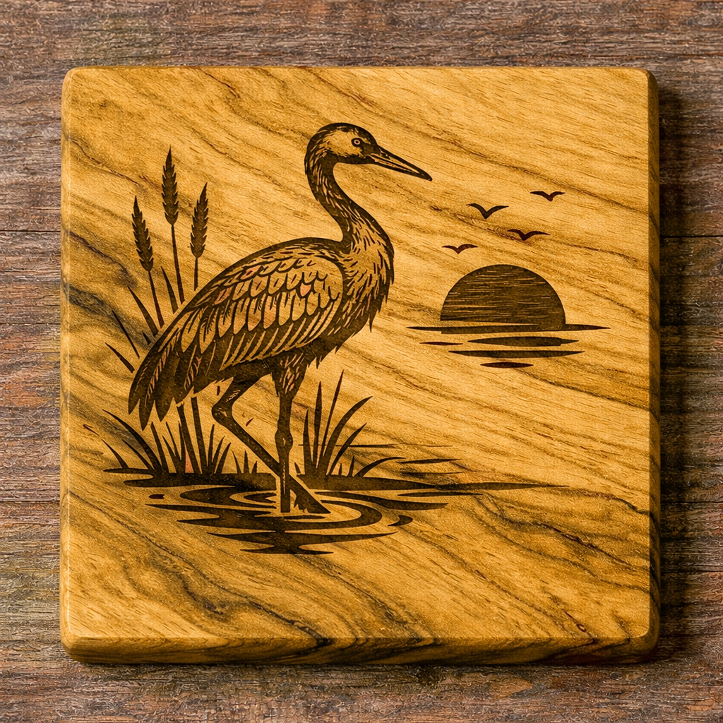 Quadratischer Holzuntersetzer mit Kranichgravur am See