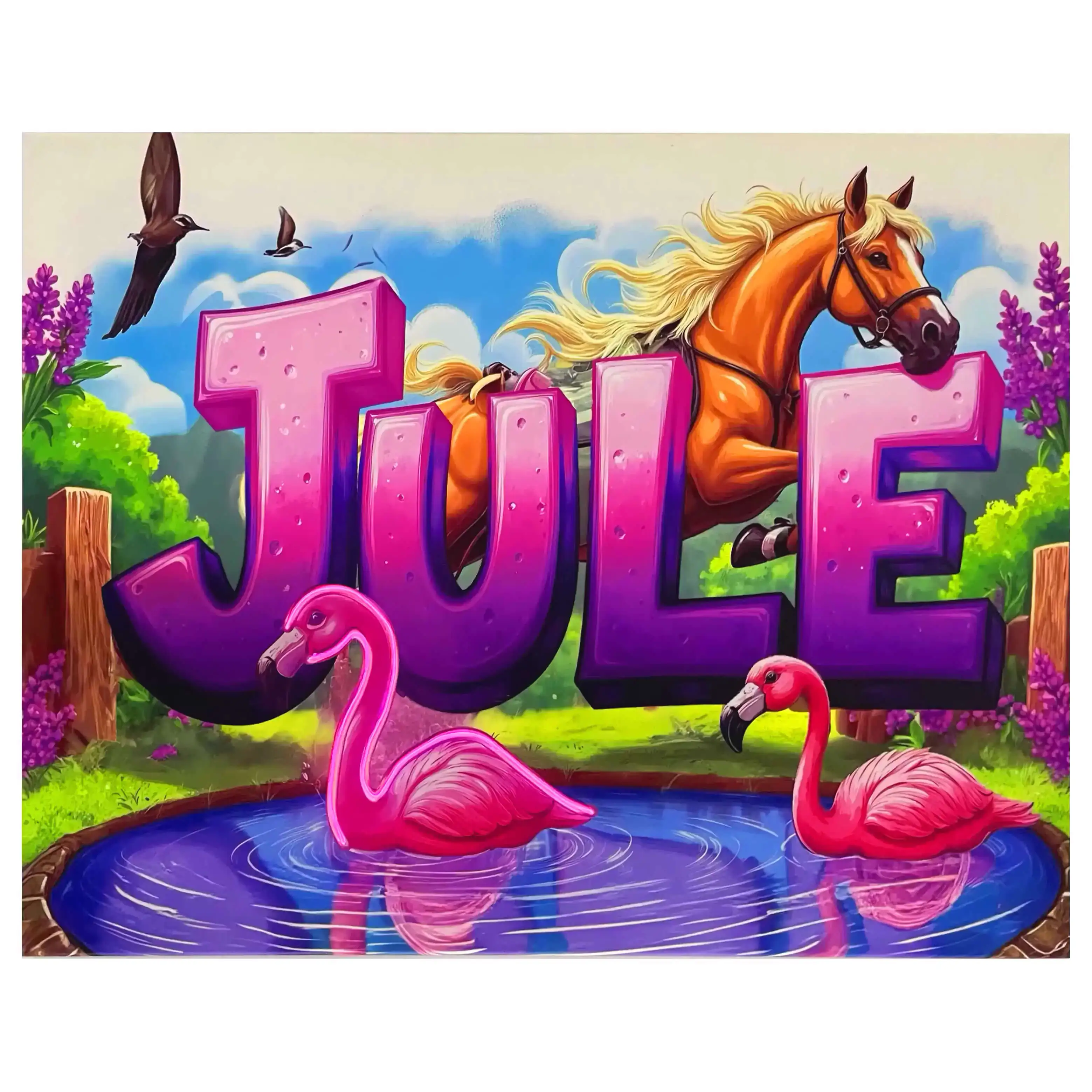 Buntes Kinderbild JULE mit Pferd und Flamingos