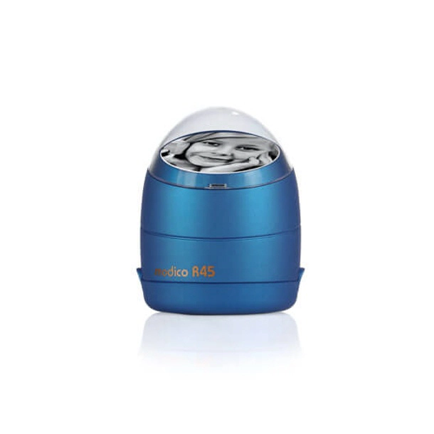 Blauer Modico R45 Stempel mit transparentem Deckel und Fotoaufdruck