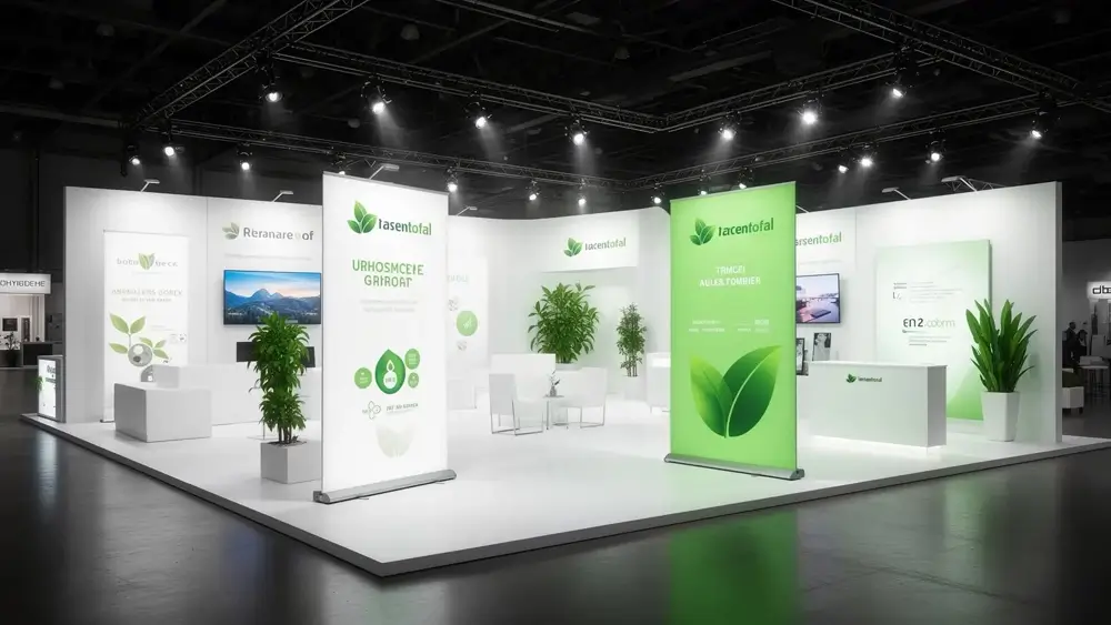 Heller Messestand mit grünen Roll-ups und Pflanzen