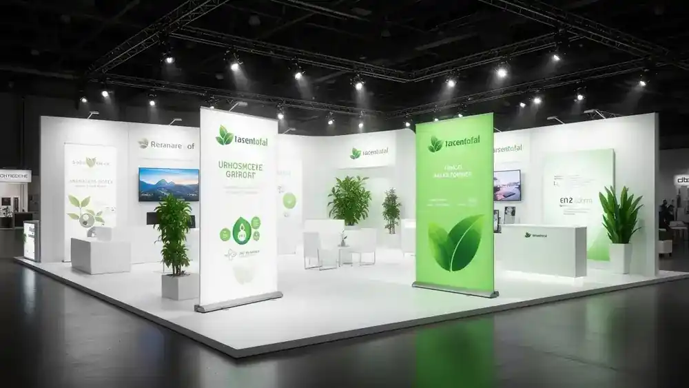 Heller Messestand mit grünen Roll-ups und Pflanzen