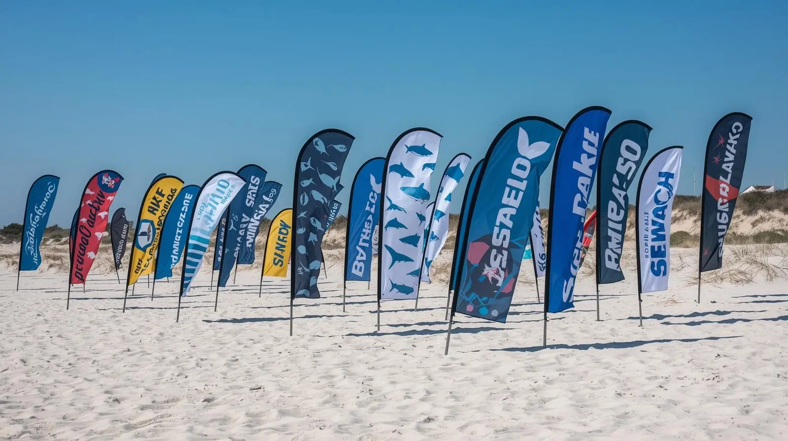 Verschiedene Beachflags mit Werbedruck am Sandstrand