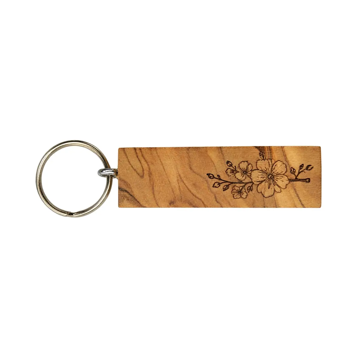 Rechteckiger Holz-Schlüsselanhänger mit Blumen Gravur
